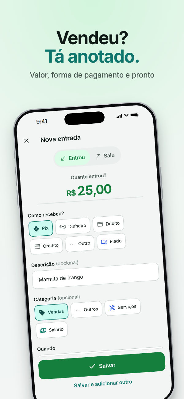 Formulário de nova entrada com valor, forma de pagamento e categoria