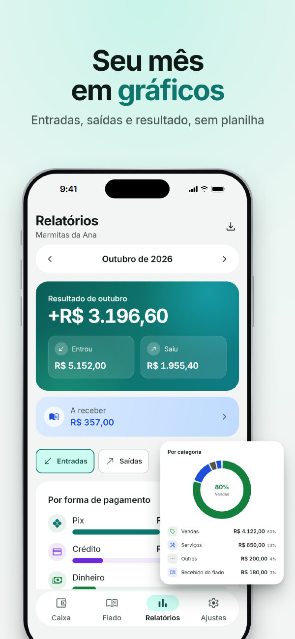 Seu mês em gráficos: entradas, saídas e resultado